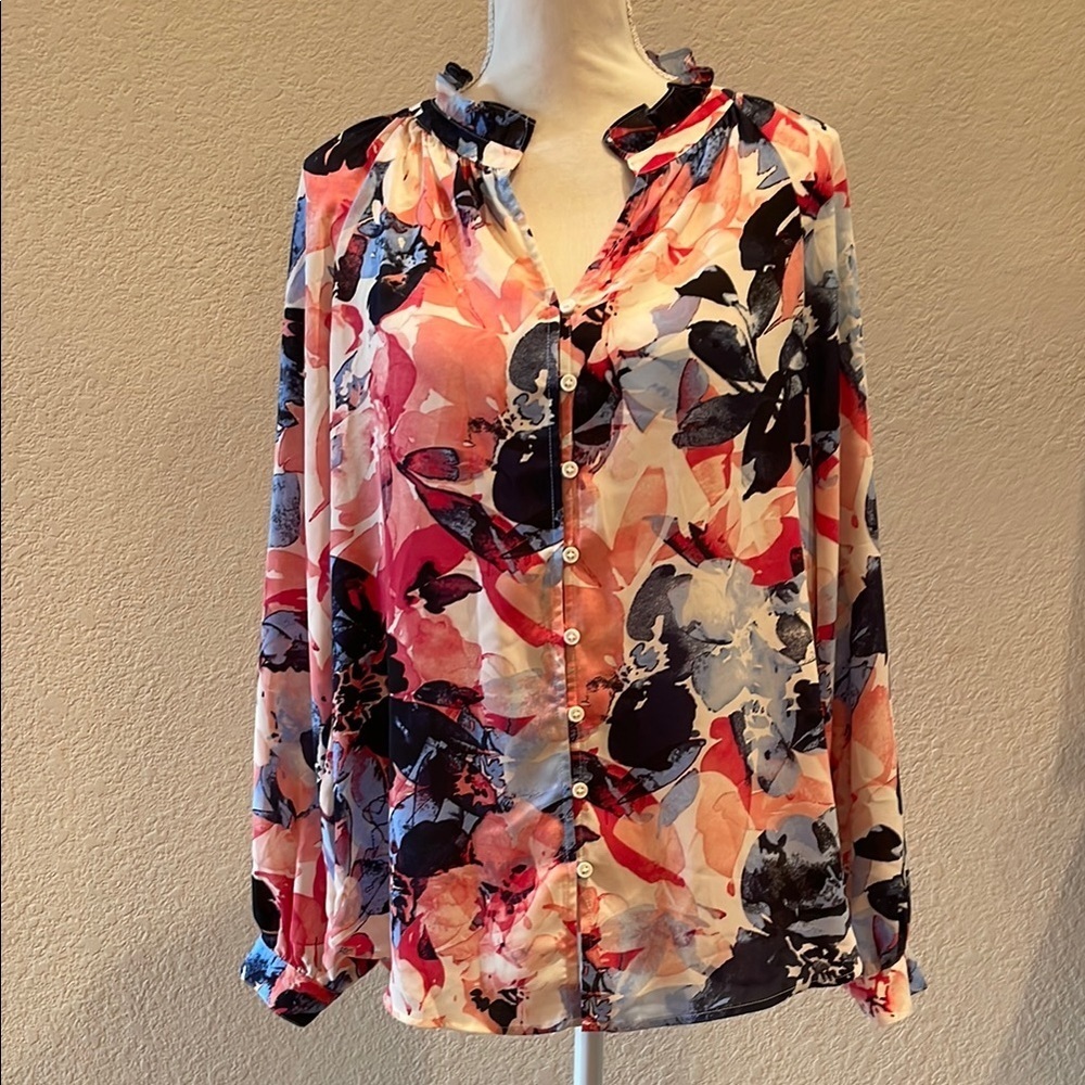 Navy/Pink Button Down Blouse with Mandarin Collar Sz M